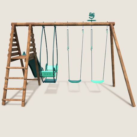Portique en bois rond 3 agrès avec face à face et toboggan narcisse Marron 3 - vertbaudet enfant 