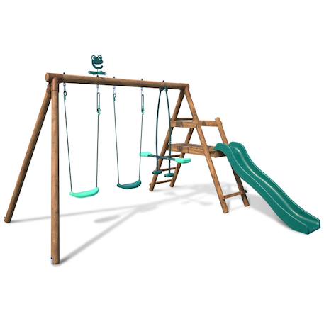 Portique en bois rond 3 agrès avec face à face et toboggan bas figue Marron 3 - vertbaudet enfant 