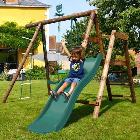 Portique en bois rond 3 agrès avec face à face, échelle et toboggan bas mûrier Marron 2 - vertbaudet enfant 