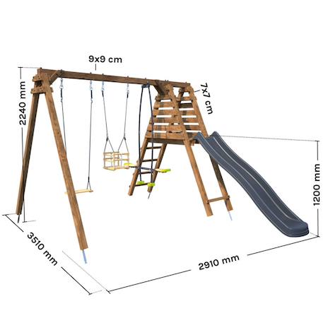 Portique en bois carré 3 agrès balançoire bébé, face à face et toboggan trefle Marron 5 - vertbaudet enfant 
