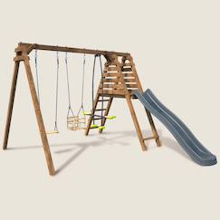 Portique en bois carré 3 agrès balançoire bébé, face à face et toboggan trefle  - vertbaudet enfant