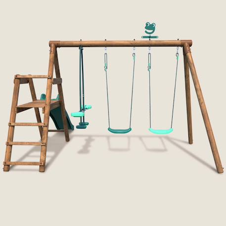 Portique en bois rond 3 agrès avec face à face et toboggan bas figue Marron 2 - vertbaudet enfant 