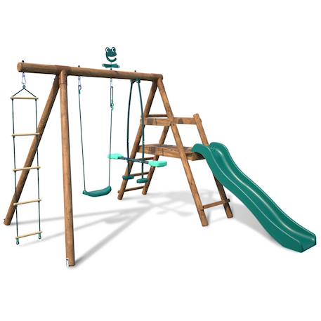 Portique en bois rond 3 agrès avec face à face, échelle et toboggan bas mûrier Marron 4 - vertbaudet enfant 