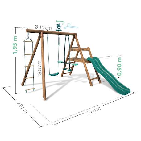 Portique en bois rond 3 agrès avec face à face, échelle et toboggan bas mûrier Marron 5 - vertbaudet enfant 