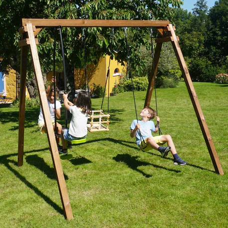 Portique en bois carré 3 agrès avec balançoire bébé et face à face pierre Marron 2 - vertbaudet enfant 