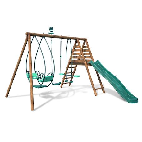Portique en bois rond 3 agrès avec face à face et toboggan nigel Marron 3 - vertbaudet enfant 