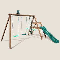Portique en bois rond 3 agrès avec face à face et toboggan bas figue  - vertbaudet enfant
