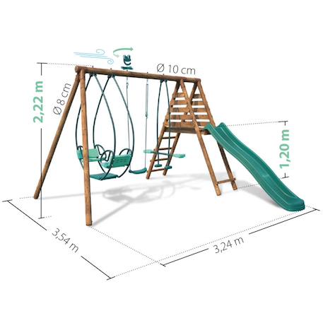 Portique en bois rond 3 agrès avec face à face et toboggan nigel Marron 5 - vertbaudet enfant 