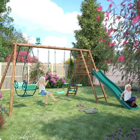 Portique en bois rond 4 agrès avec face à face et toboggan jacinthe Marron 4 - vertbaudet enfant 