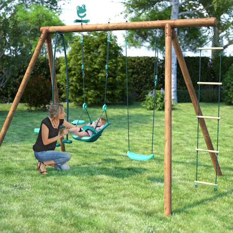 Portique en bois rond 4 agrès balançoire bébé, échelle et face à face suzon Marron 4 - vertbaudet enfant 