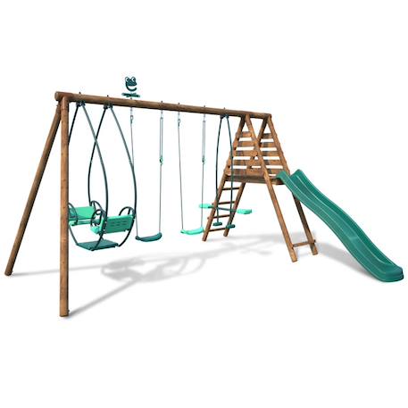 Portique en bois rond 4 agrès avec face à face et toboggan jacinthe Marron 3 - vertbaudet enfant 