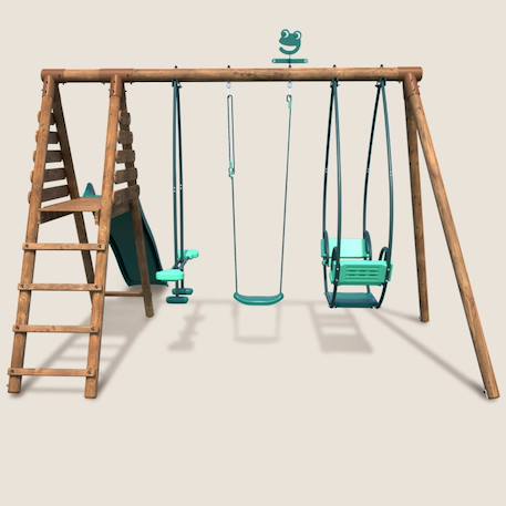 Portique en bois rond 3 agrès avec face à face et toboggan nigel Marron 2 - vertbaudet enfant 