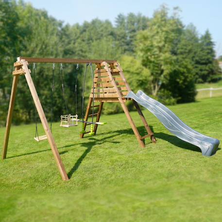 Portique en bois carré 3 agrès balançoire bébé, face à face et toboggan trefle Marron 4 - vertbaudet enfant 