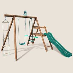 Portique en bois rond 3 agrès avec face à face, échelle et toboggan bas mûrier  - vertbaudet enfant