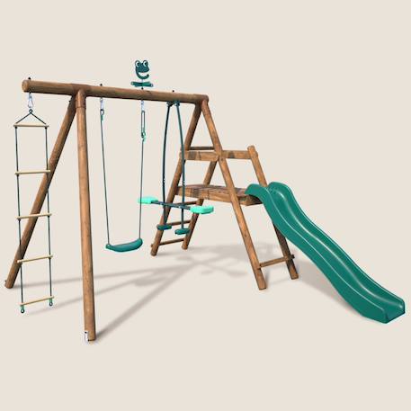 Portique en bois rond 3 agrès avec face à face, échelle et toboggan bas mûrier Marron 1 - vertbaudet enfant 