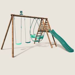 Portique en bois rond 3 agrès avec face à face et toboggan narcisse  - vertbaudet enfant