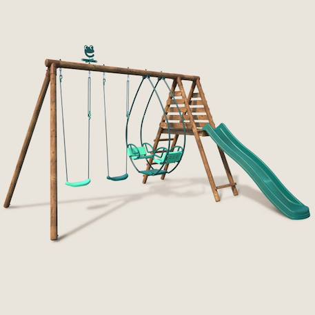 Portique en bois rond 3 agrès avec face à face et toboggan narcisse Marron 1 - vertbaudet enfant 