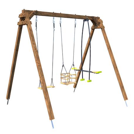 Portique en bois carré 3 agrès avec balançoire bébé et face à face pierre Marron 4 - vertbaudet enfant 