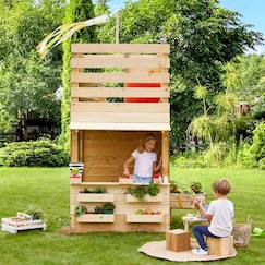Jouet-Cabane tour en bois avec comptoir et bac à sable shopping