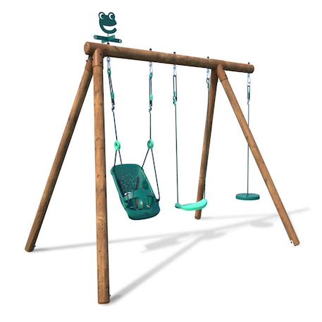 Portique en bois rond 3 agrès avec balançoire bébé et corde disque tiago Marron 3 - vertbaudet enfant 