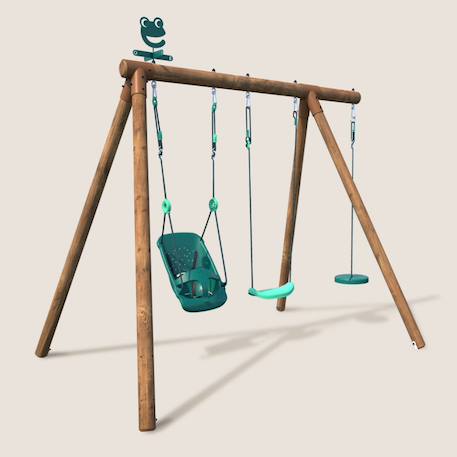 Portique en bois rond 3 agrès avec balançoire bébé et corde disque tiago Marron 1 - vertbaudet enfant 