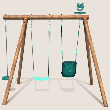 Portique en bois rond 3 agrès avec balançoire bébé et corde disque tiago Marron 2 - vertbaudet enfant 