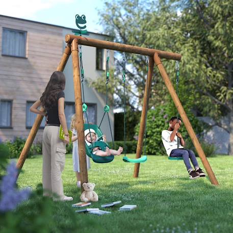 Portique en bois rond 3 agrès avec balançoire bébé et corde disque tiago Marron 4 - vertbaudet enfant 