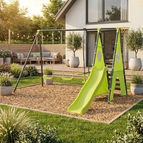 Portique avec balançoires, face à face, toboggan, panier de basket,mur d'escalade, tente Vert 1 - vertbaudet enfant 