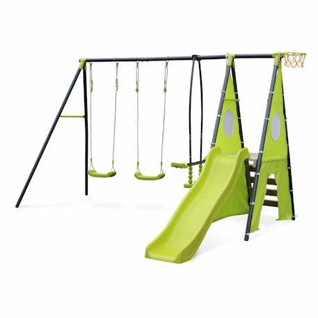 Portique avec balançoires, face à face, toboggan, panier de basket,mur d'escalade, tente Vert 2 - vertbaudet enfant 
