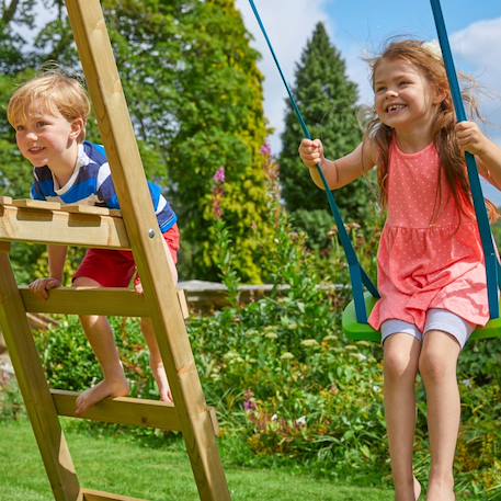 Portique 2 balançoires et toboggan thymélée bois h200cm Marron - bleu - gris - vert 3 - vertbaudet enfant 