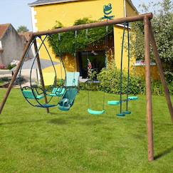 Portique en bois rond 4 agrès avec balançoire bébé et face à face suzanne  - vertbaudet enfant