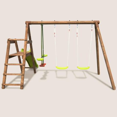 Balançoire en bois traité 3 agrès et toboggan figue Marron 5 - vertbaudet enfant 