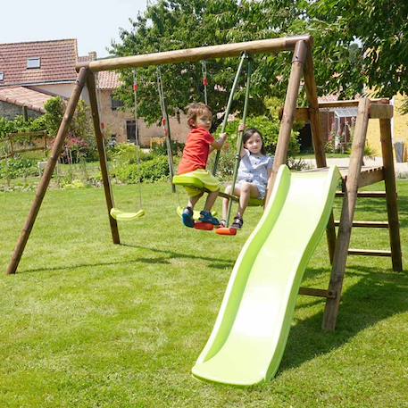 Balançoire en bois traité 3 agrès et toboggan figue Marron 2 - vertbaudet enfant 