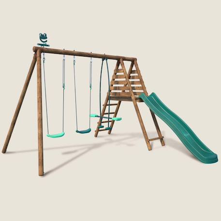 Portique en bois rond 3 agrès avec face à face et toboggan violette Marron 1 - vertbaudet enfant 