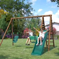 Portique en bois rond 3 agrès avec balançoire bébé et toboggan colza  - vertbaudet enfant