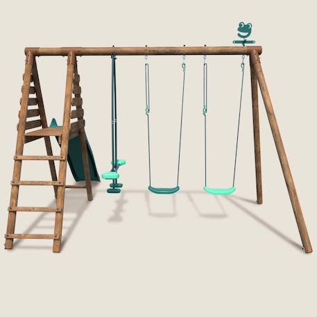 Portique en bois rond 3 agrès avec face à face et toboggan violette Marron 2 - vertbaudet enfant 