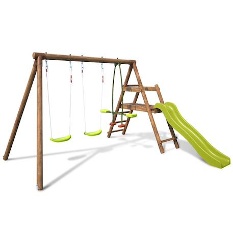Balançoire en bois traité 3 agrès et toboggan figue Marron 3 - vertbaudet enfant 
