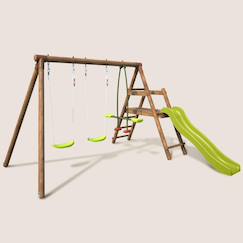 Jouet-Balançoire en bois traité 3 agrès et toboggan figue