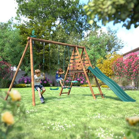 Portique en bois rond 3 agrès avec face à face et toboggan violette Marron 4 - vertbaudet enfant 