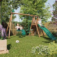 Portique en bois rond 3 agrès balançoire bébé, face à face et toboggan tulipe  - vertbaudet enfant