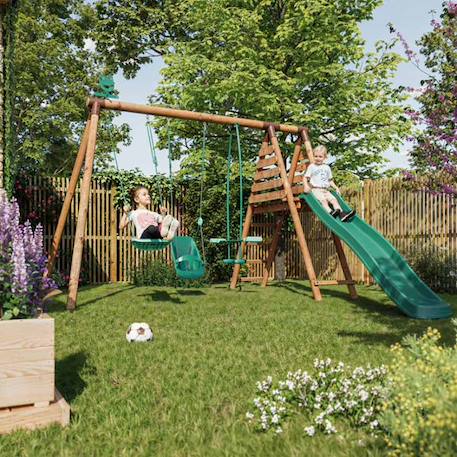 Portique en bois rond 3 agrès balançoire bébé, face à face et toboggan tulipe Marron 1 - vertbaudet enfant 