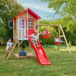 Jouet-Maisonnette sur pilotis, glissière, 2 balançoires coquelicot bois fsc®