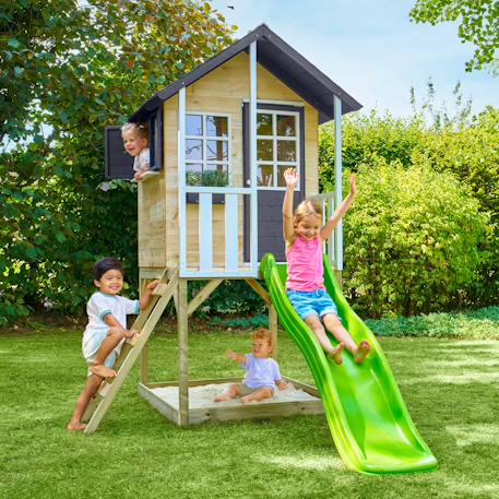 Maisonnette sur pilotis balcon et glissière jacinthes bois fsc® Marron - gris anthracite - blanc - vert 1 - vertbaudet enfant 