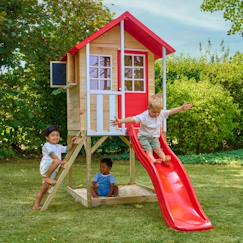 Jouet-Maisonnette sur pilotis balcon et glissière coquelicot bois fsc®