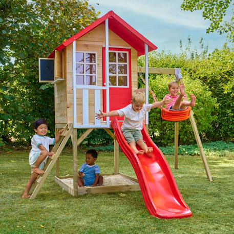 Maisonnette sur pilotis, glissière, 1 balançoire coquelicot bois fsc® Marron - rouge - blanc 1 - vertbaudet enfant 