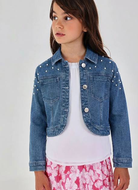 Fille-Veste en jean fille  délavée avec petits noeuds