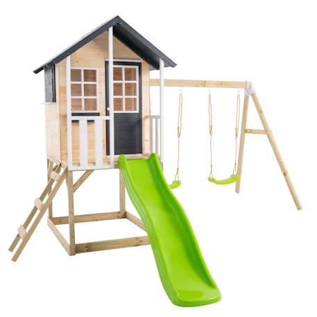 Maisonnette sur pilotis, glissière, 2 balançoires jacinthes bois fsc® Marron - gris anthracite - blanc - vert 2 - vertbaudet enfant 