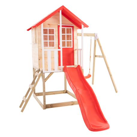 Maisonnette sur pilotis, glissière, 1 balançoire coquelicot bois fsc® Marron - rouge - blanc 2 - vertbaudet enfant 