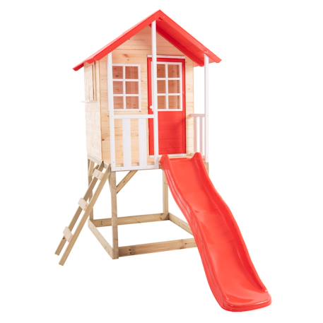 Maisonnette sur pilotis balcon et glissière coquelicot bois fsc® Marron - rouge - blanc 2 - vertbaudet enfant 