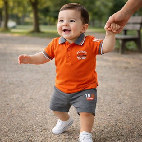 Ensemble polo et short  bébé   garçon imprimé  col chemise Bleu+Kaki+Orange 14 - vertbaudet enfant 
